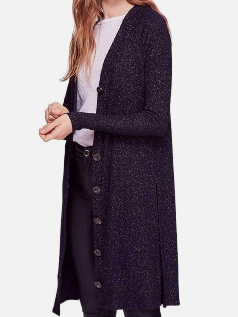 EUC Free People We The Free Sparkly Shimmer Navy Duster Cardigan Women’s Large